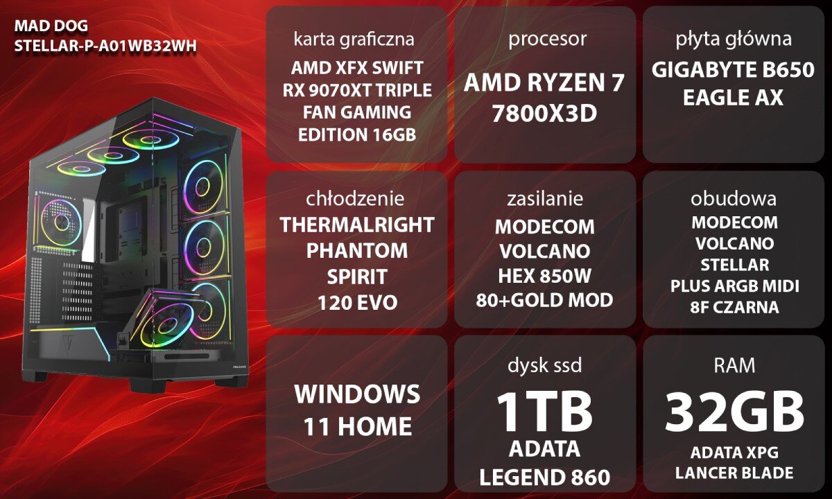 Komputer MAD DOG STELLAR-P-A01WB32WH Czarny komputer gamingowy z przeszklonym przodem i bokiem, wewnątrz którego znajdują się podzespoły z wielokolorowym podświetleniem, osiem świecących wentylatorów oraz pasek LED przy dolnej osłonie
