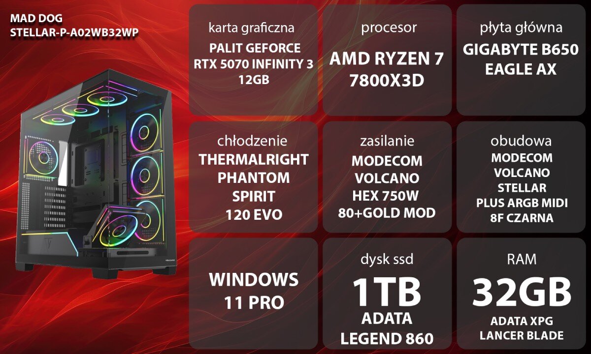 Komputer MAD DOG STELLAR-P-A02WB32WP Czarny komputer gamingowy z przeszklonym przodem i bokiem, wewnątrz którego znajdują się podzespoły z wielokolorowym podświetleniem, osiem świecących wentylatorów oraz pasek LED przy dolnej osłonie
