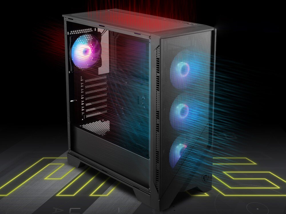 Komputer MAD DOG Powered by MSI F321R-A05DR32 Obudowa komputera z zaznaczonym przepływem powietrza, obudowa, wygląd, wentylacja, filtry, porty
