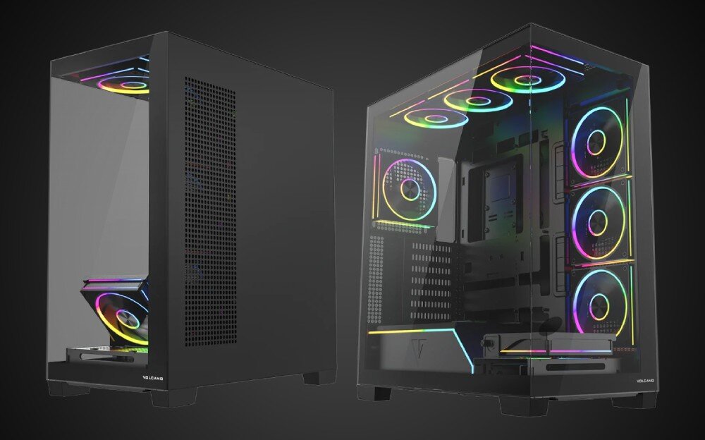 Komputer MAD DOG STELLAR-P-A01DB32 Dwa ujęcia czarnej obudowy, z lewej widoczny metalowy panel boczny z otworami wentylacyjnymi, z prawej przeszklony front i bok ukazujące wnętrze z licznymi kolorowo podświetlonymi wentylatorami