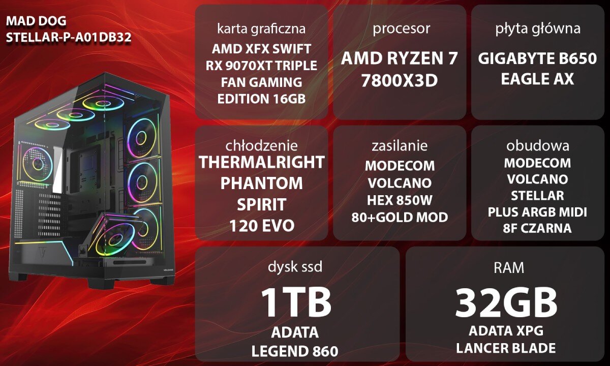 Komputer MAD DOG STELLAR-P-A01DB32 Czarny komputer gamingowy z przeszklonym przodem i bokiem, wewnątrz którego znajdują się podzespoły z wielokolorowym podświetleniem, osiem świecących wentylatorów oraz pasek LED przy dolnej osłonie