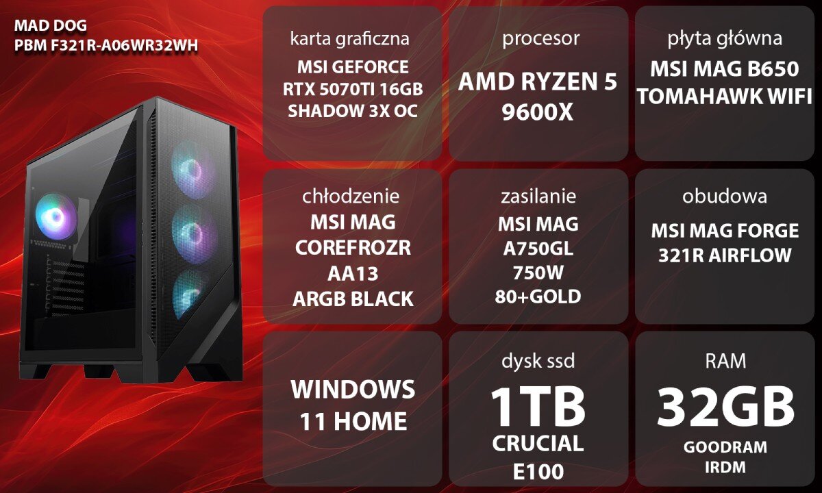 Komputer MAD DOG Powered by MSI F321R-A06WR32WH Kobieta w słuchawkach grająca na komputerze stacjonarnym. Siedzi przy biurku z podświetlaną klawiaturą i monitorem, w tle niebiesko-żółte oświetlenie i regał, opis