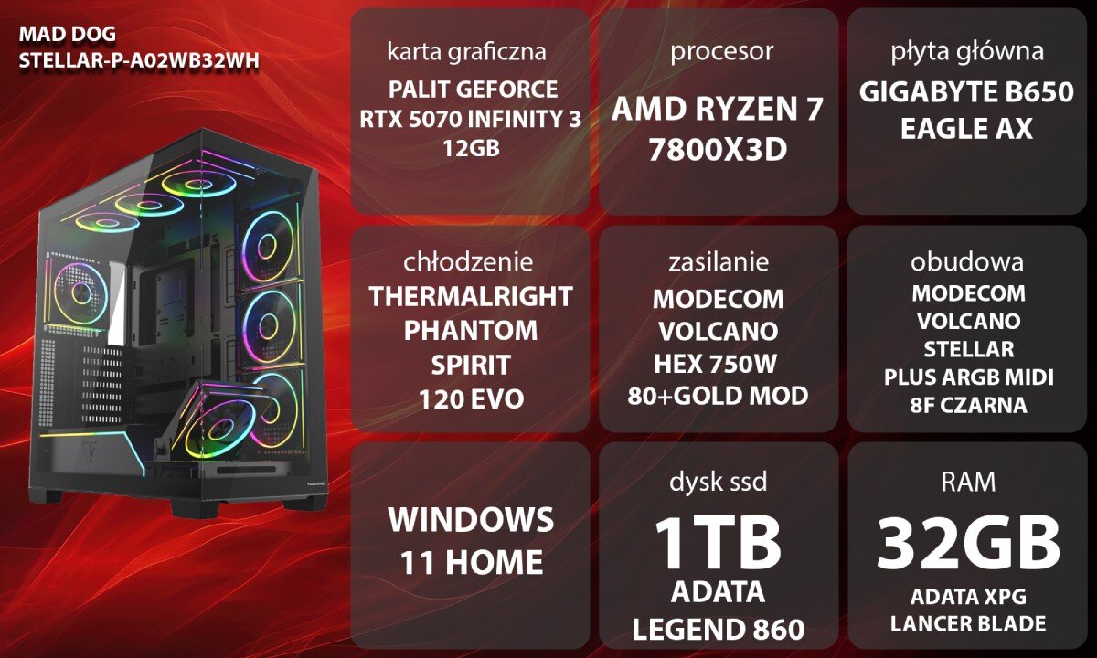 Komputer MAD DOG STELLAR-P-A02WB32WH Czarny komputer gamingowy z przeszklonym przodem i bokiem, wewnątrz którego znajdują się podzespoły z wielokolorowym podświetleniem, osiem świecących wentylatorów oraz pasek LED przy dolnej osłonie