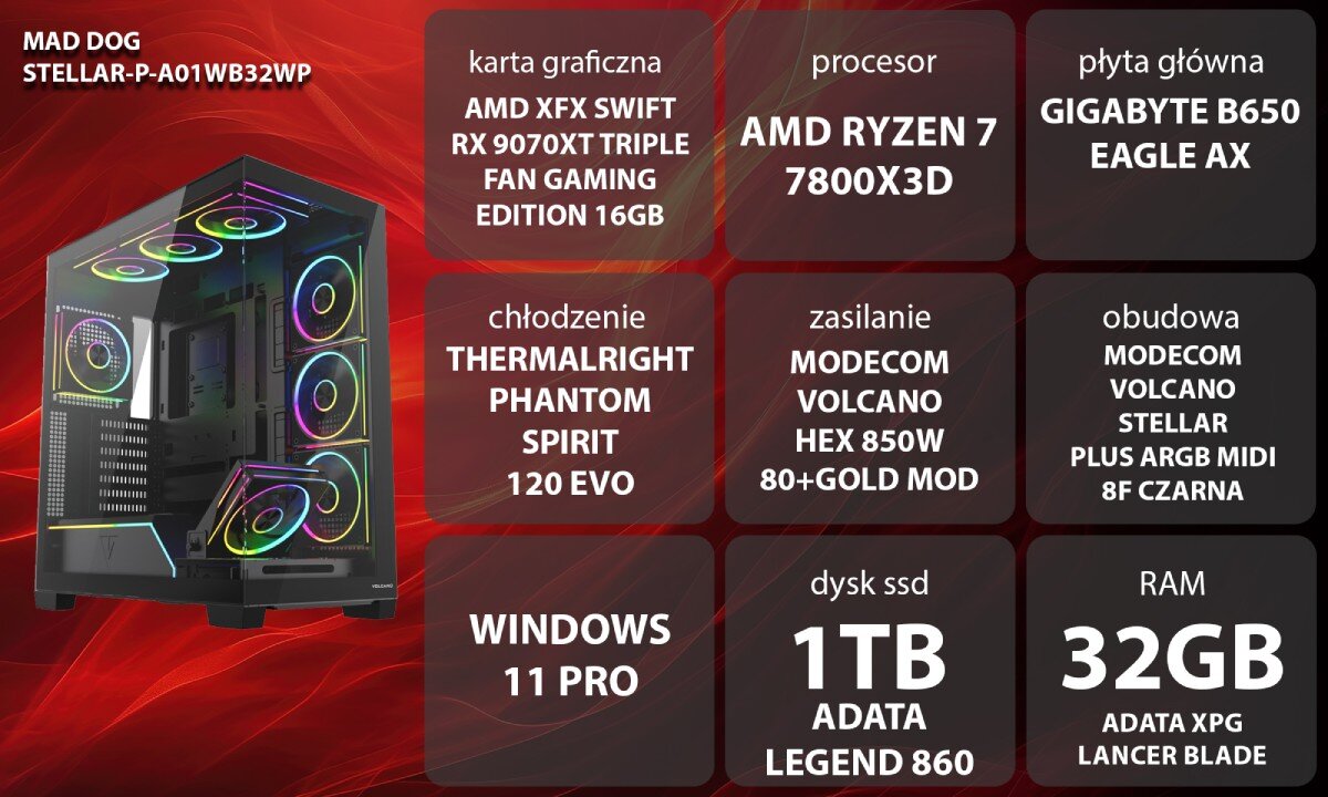 Komputer MAD DOG STELLAR-P-A01WB32WP Czarny komputer gamingowy z przeszklonym przodem i bokiem, wewnątrz którego znajdują się podzespoły z wielokolorowym podświetleniem, osiem świecących wentylatorów oraz pasek LED przy dolnej osłonie