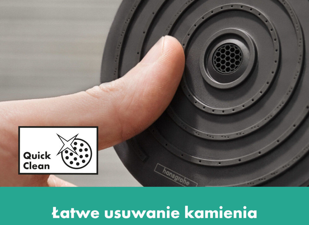 Zbliżenie na słuchawkę prysznicową z logo \'hansgrohe\' i tekstem \'Quick Clean\'. Na dole widoczny napis \'Łatwe usuwanie kamienia\'.
