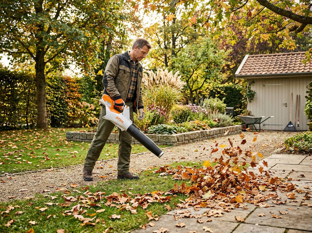 Osoba używa dmuchawy do liści w ogrodzie, otoczona jesiennymi liśćmi. Na urządzeniu widoczne jest logo \'STIHL\'.