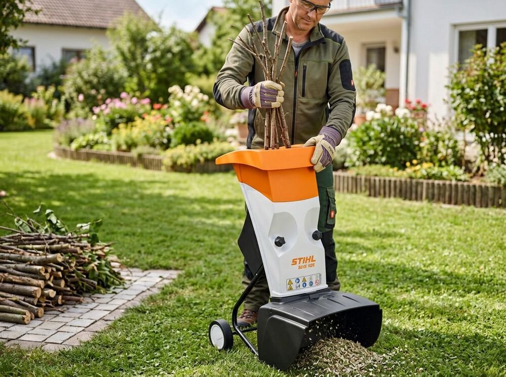 Rozdrabniacz do gałęzi STIHL GHE 105 elektryczny 2200W średnica cięcia 35mm, podajnik, wlot, pędy, wygoda, Mężczyzna wkłada pęk gałęzi do wlotu rozdrabniacza.
