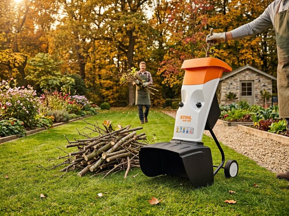 Rozdrabniacz do gałęzi STIHL GHE 105 elektryczny 2200W średnica cięcia 35mm, noże, cięcie, tarcza, ściółka, Rozdrabniacz w ogrodzie z gałęziami przygotowanymi do pracy.