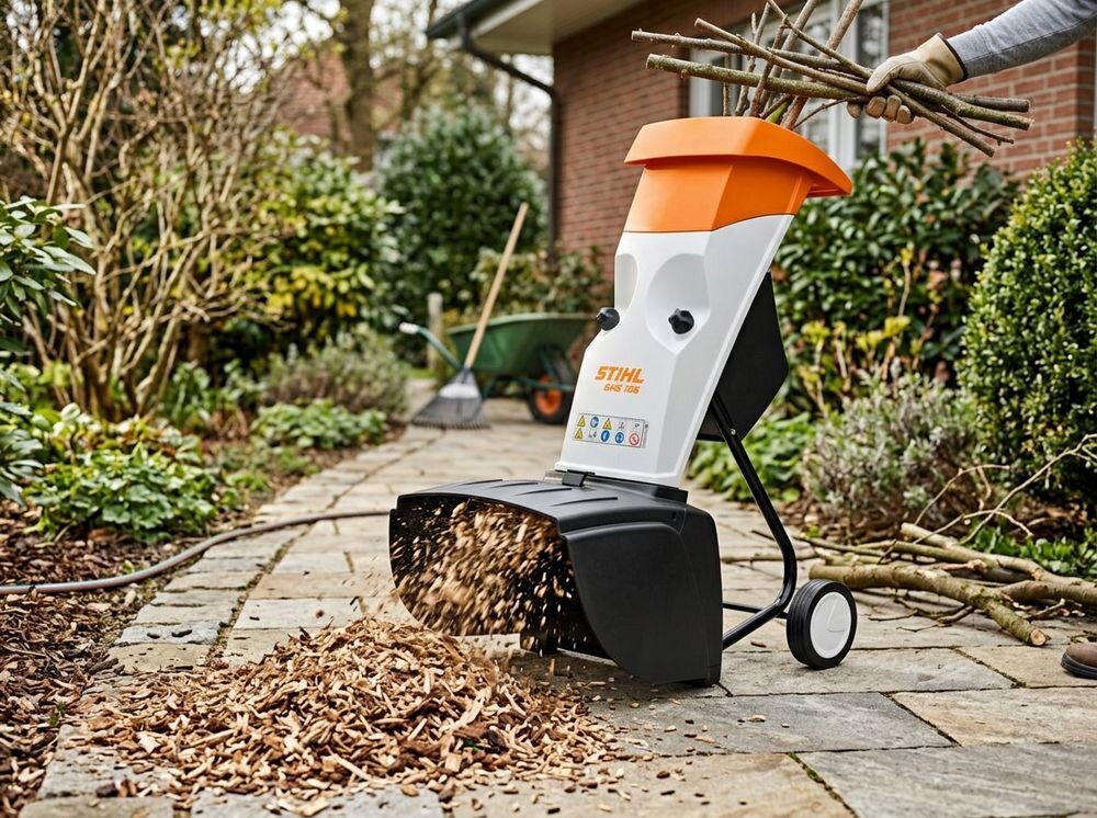 Rozdrabniacz do gałęzi STIHL GHE 105 elektryczny 2200W średnica cięcia 35mm, lej, wyciszenie, hałas, komfort, Wypadające zrębki z wylotu rozdrabniacza na chodnik.