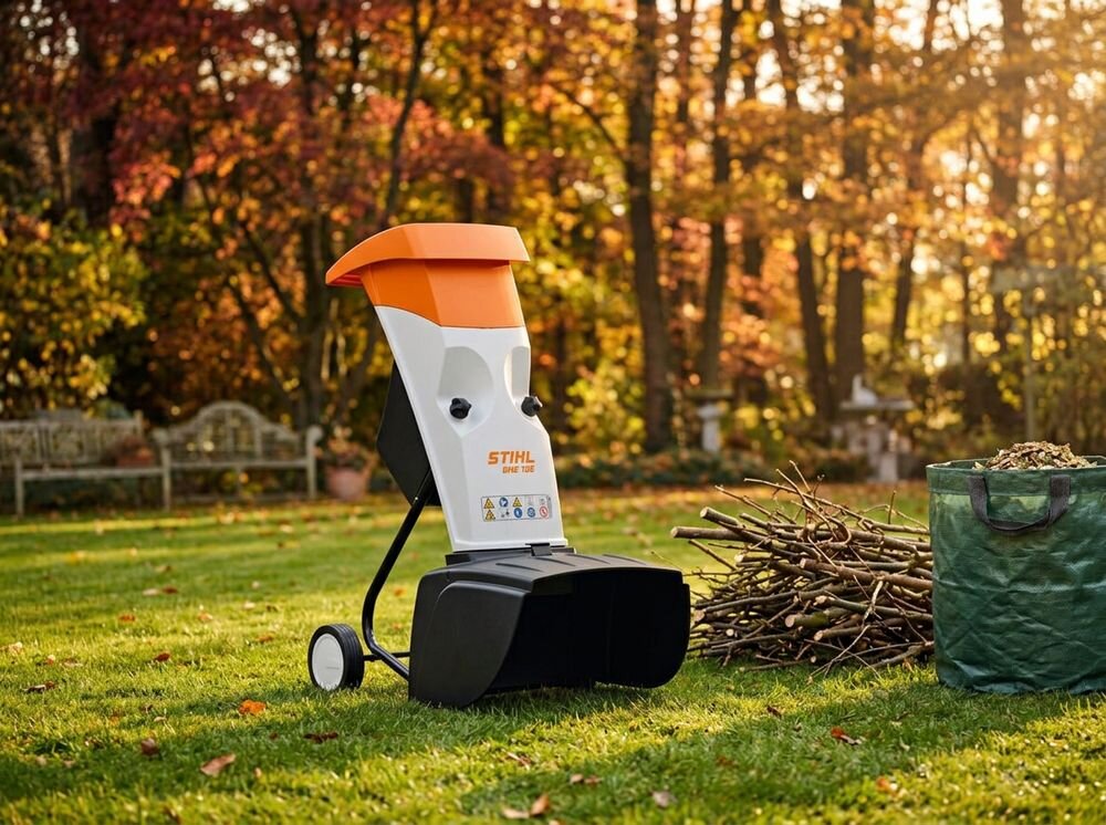 Rozdrabniacz do gałęzi STIHL GHE 105 elektryczny 2200W średnica cięcia 35mm, koła, transport, mobilność, stelaż, Rozdrabniacz stojący w jesiennym ogrodzie przy gałęziach.