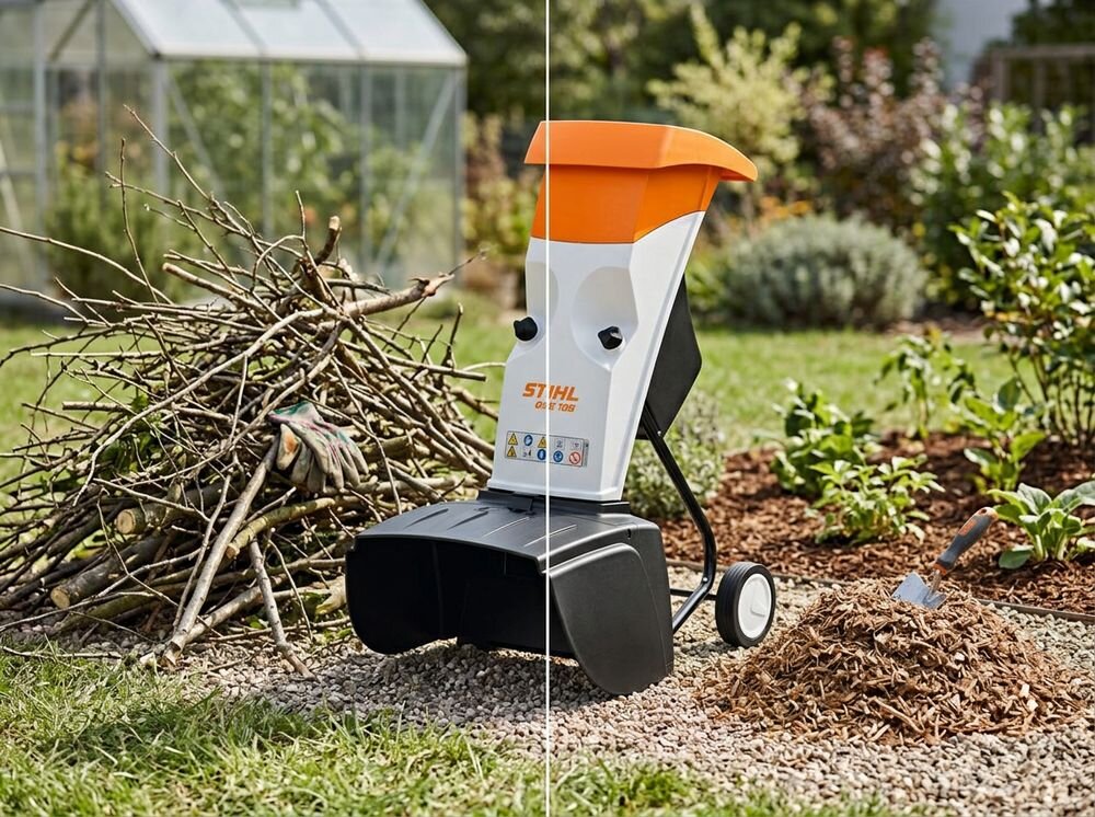 Rozdrabniacz do gałęzi STIHL GHE 105 elektryczny 2200W średnica cięcia 35mm, kompost, wióry, czystość, ekologia, Porównanie przed i po rozdrobnieniu gałęzi na zrębki.
