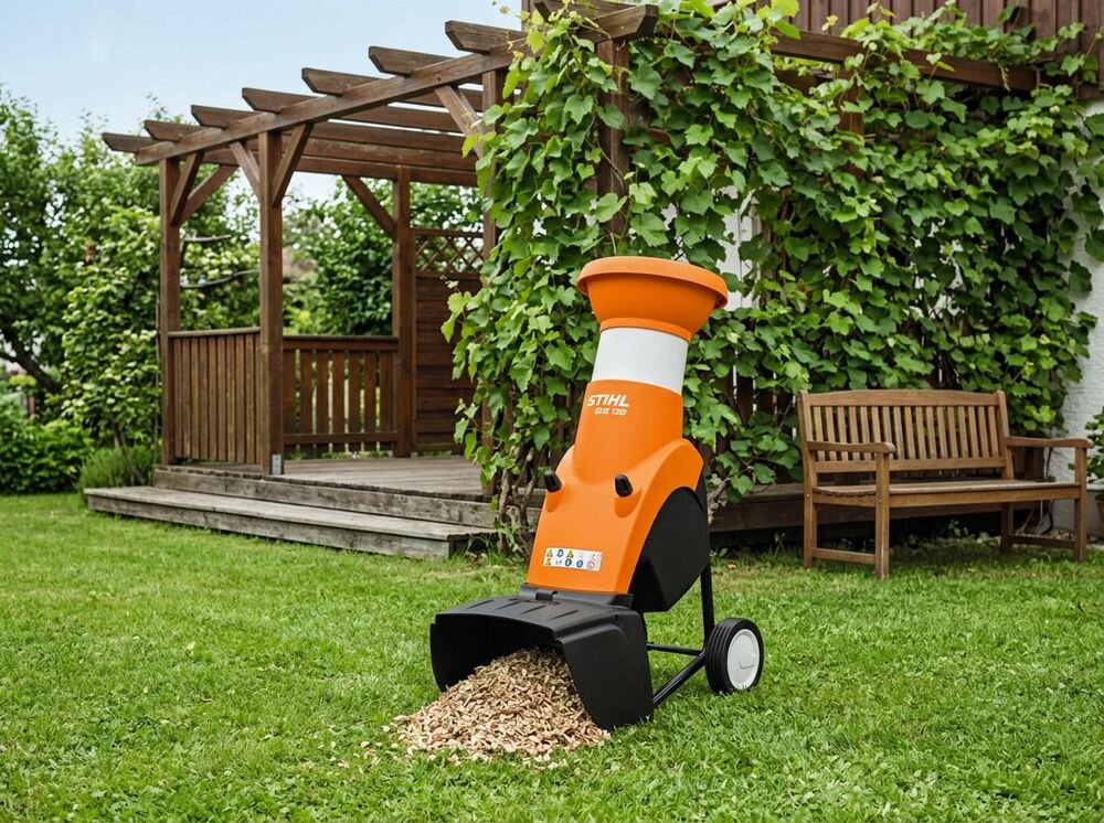 Rozdrabniacz do gałęzi STIHL GHE 150 elektryczny 2500W średnica cięcia 35mm, rębak, elektryczny, silnik, gałęzie, Pomarańczowo-biały rozdrabniacz Stihl ze zrębkami.