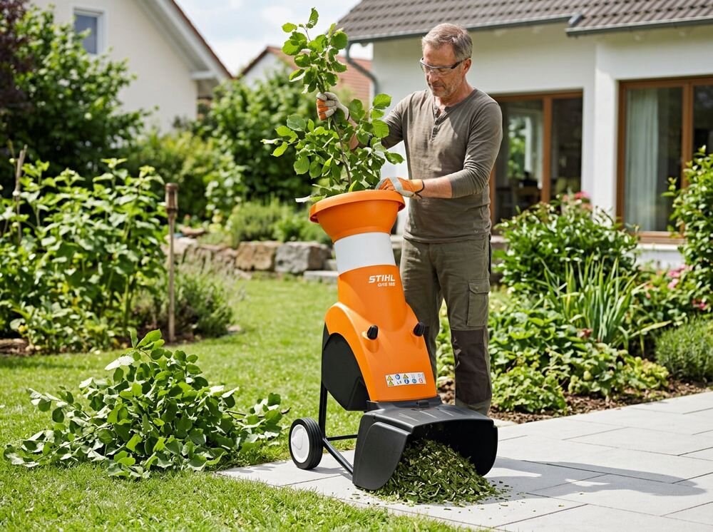 Rozdrabniacz do gałęzi STIHL GHE 150 elektryczny 2500W średnica cięcia 35mm, tarcza, cięcie, obroty, tnący, Mężczyzna rozdrabniający gałęzie urządzeniem Stihl.