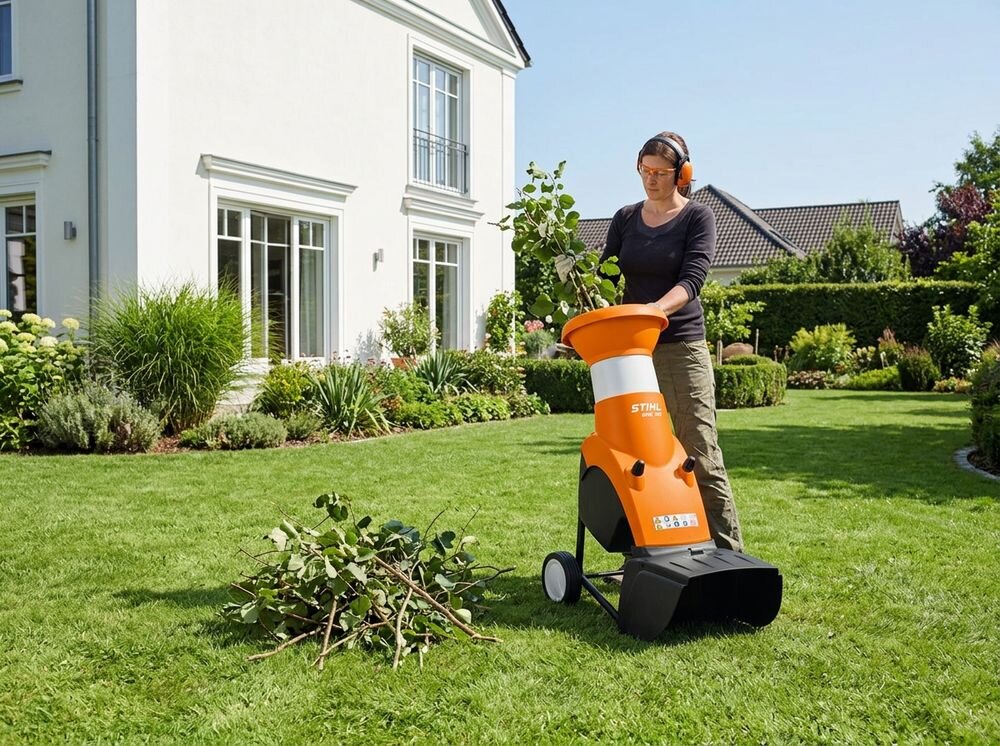 Rozdrabniacz do gałęzi STIHL GHE 150 elektryczny 2500W średnica cięcia 35mm, wyłącznik, bezpieczeństwo, ochrona, konserwacja, Kobieta w okularach ochronnych z rozdrabniaczem ogrodowym.