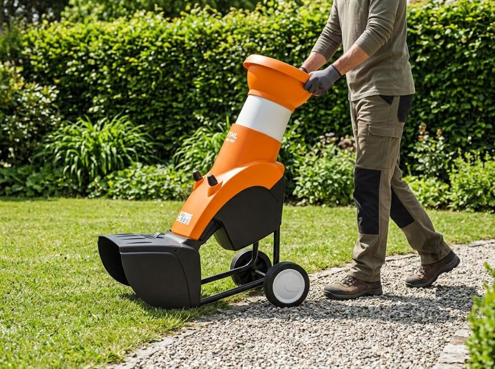 Rozdrabniacz do gałęzi STIHL GHE 150 elektryczny 2500W średnica cięcia 35mm, koła, transport, rama, mobilność, Prowadzenie rozdrabniacza Stihl po żwirowej ścieżce.