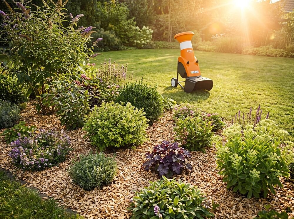 Rozdrabniacz do gałęzi STIHL GHE 150 elektryczny 2500W średnica cięcia 35mm, recykling, ściółka, ekologia, odpady, Rozdrabniacz Stihl w słonecznym ogrodzie z rabatą.
