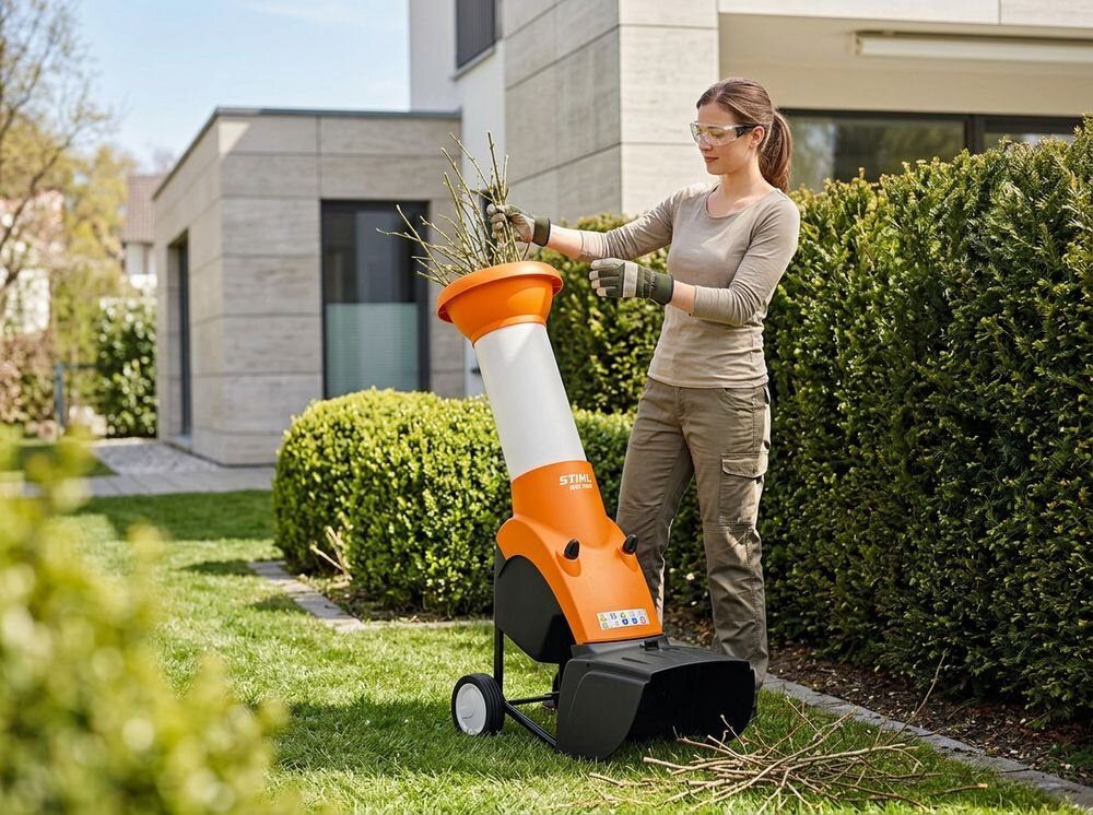 Rozdrabniacz do gałęzi STIHL GHE 250 elektryczny 2500W średnica cięcia 35mm, recykling, kompost, ściółka, ekologia, Kobieta w okularach ochronnych obsługująca rozdrabniacz.