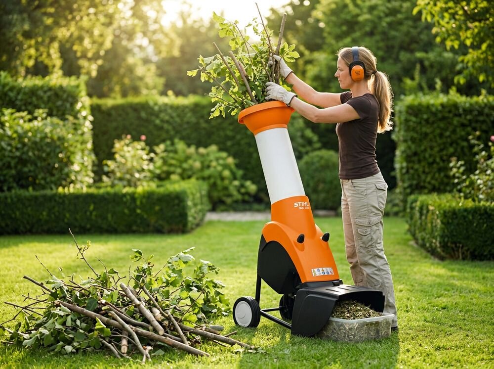 Rozdrabniacz do gałęzi STIHL GHE 250 S elektryczny 2500W średnica cięcia 35mm, tarcza, obroty, cięcie, tnący, Praca z rozdrabniaczem gałęzi na trawniku koło żywopłotu