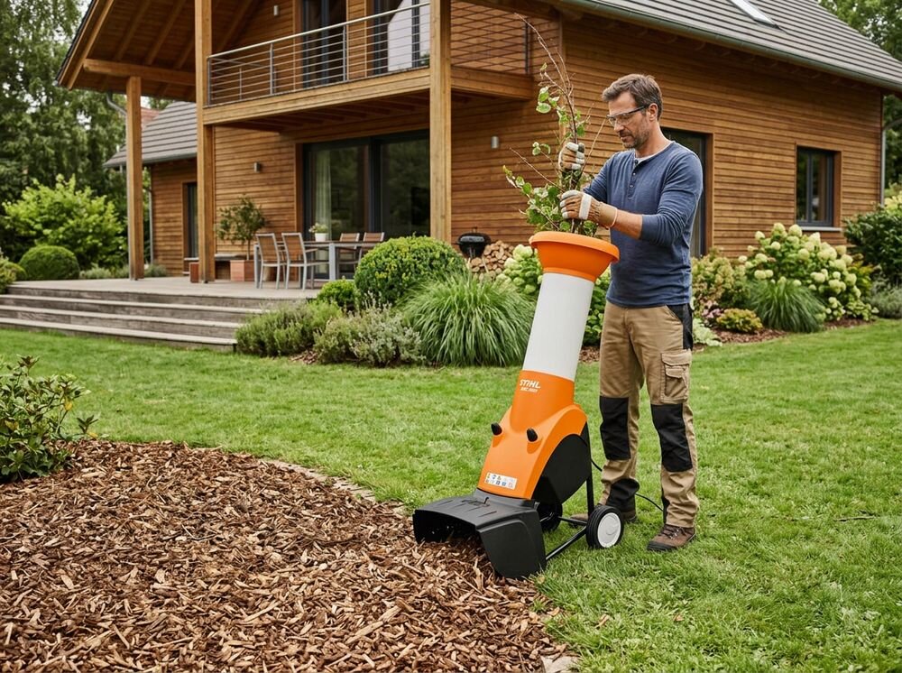 Rozdrabniacz do gałęzi STIHL GHE 250 S elektryczny 2500W średnica cięcia 35mm, koła, transport, rama, mobilność, Mężczyzna przygotowujący zrębki przed nowoczesnym domem.