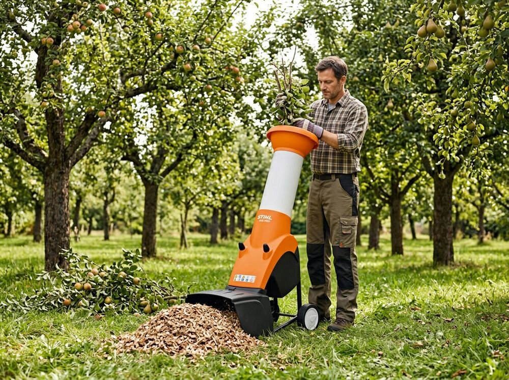 Rozdrabniacz do gałęzi STIHL GHE 260 S elektryczny 2500W średnica cięcia 35mm, rozdrabniacz, gałęzie, ogród, porządki, Mężczyzna rozdrabniający gałęzie w sadzie owocowym.