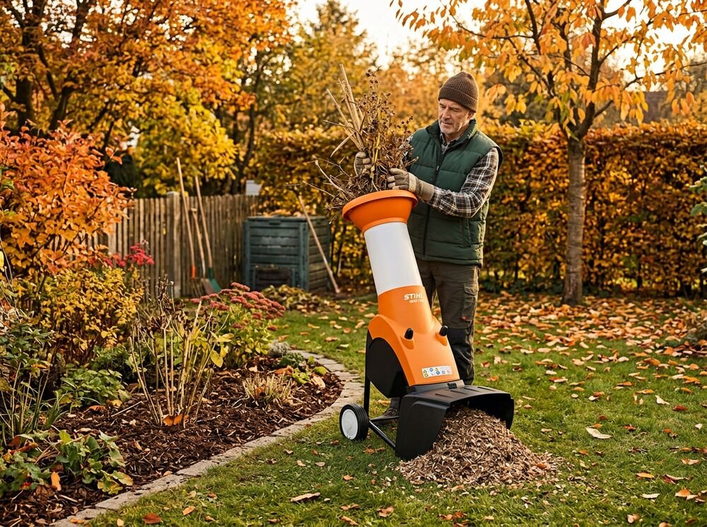 Rozdrabniacz do gałęzi STIHL GHE 260 S elektryczny 2500W średnica cięcia 35mm, włącznik, panel, kontrolka, bezpieczeństwo, Mężczyzna rozdrabniający suche łodygi w jesiennym ogrodzie.