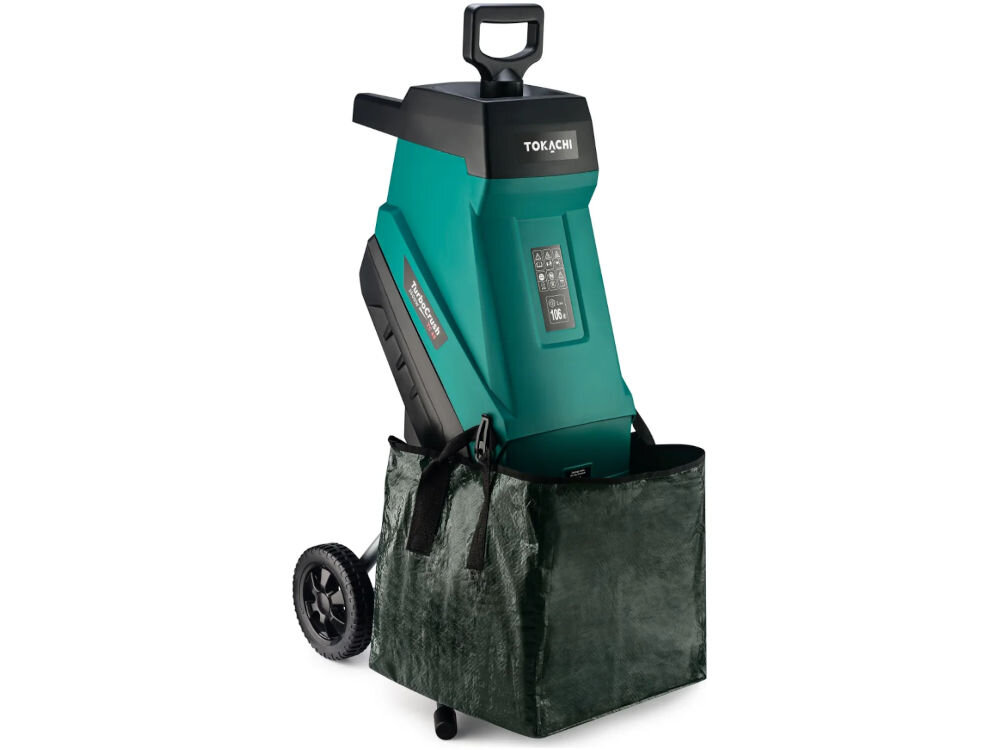 Rozdrabniacz do gałęzi TOKACHI TurboCrusch TC 45 elektryczny 2500W średnica cięcia 45mm, noże, cięcie, ściółka, żywopłot, Rozdrabniacz do gałęzi z zamontowaną torbą na odpady.