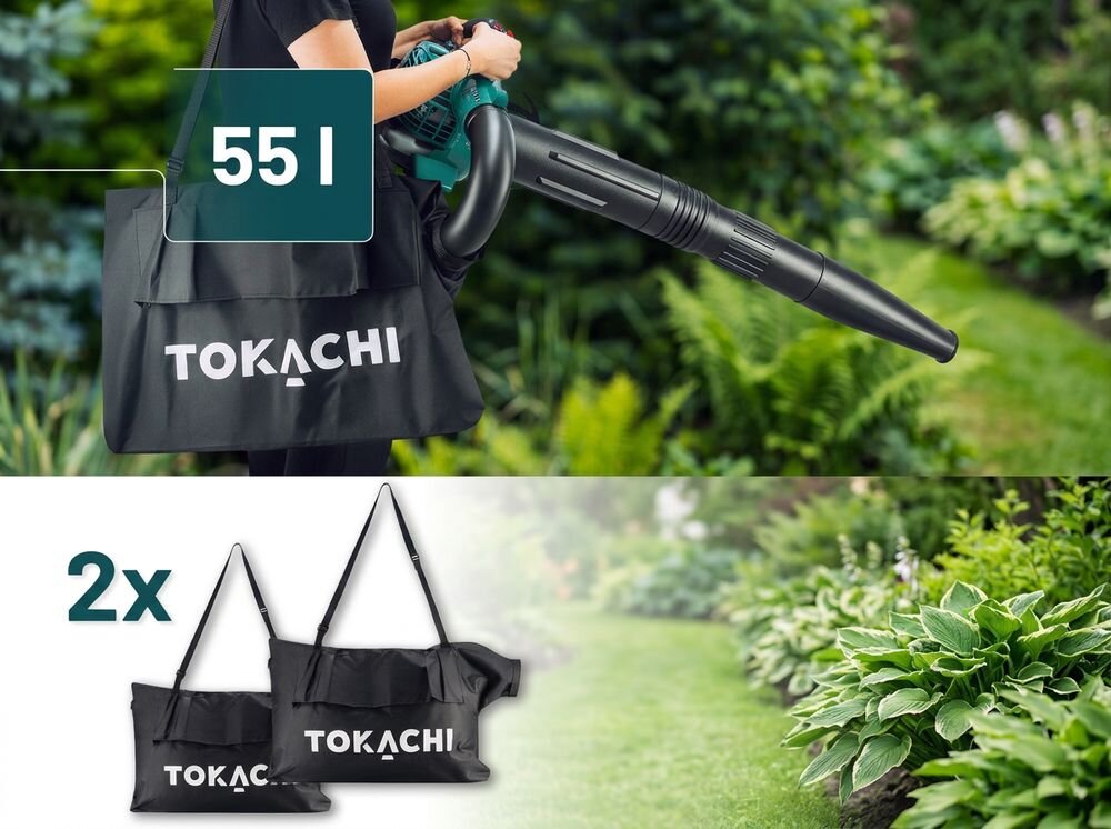 Osoba trzyma dmuchawę do liści z dużym workiem na liście z napisem \'TOKACHI\', o pojemności 55 litrów. Na dole widoczne są dwa dodatkowe worki z tym samym napisem, na tle ogrodu.