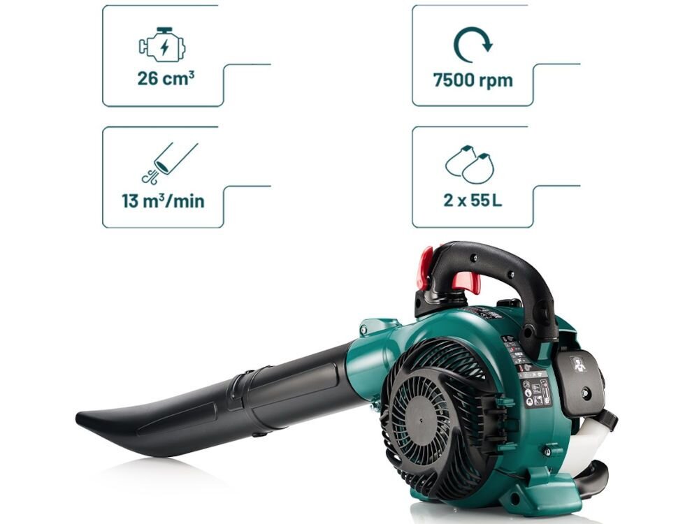 Obraz przedstawia dmuchawę do liści w kolorze zielonym z czarnymi elementami. Widoczne są parametry: 26 cm³, 7500 rpm, 13 m³/min, 2 x 55L.