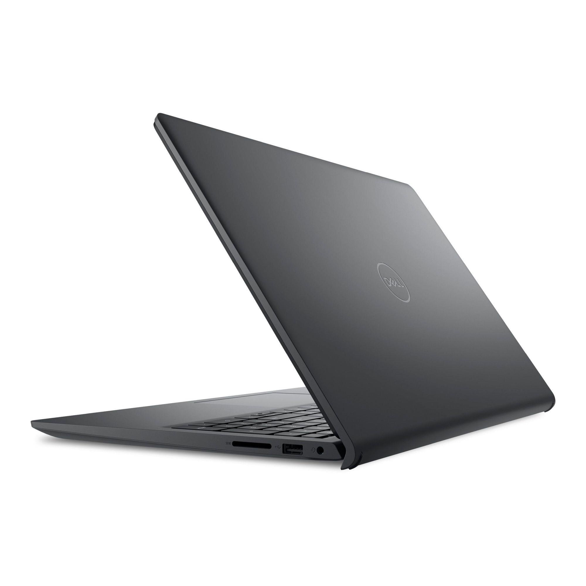 Na obrazie widoczny jest czarny laptop z logo Dell na pokrywie. Laptop jest częściowo otwarty, ukazując klawiaturę i porty boczne.