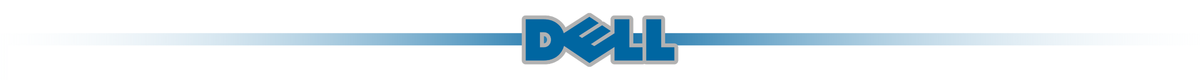 Logo z napisem \'DELL\' na tle z gradientem od białego do niebieskiego.