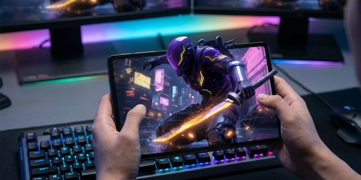 Osoba trzyma tablet, na którym wyświetlana jest dynamiczna scena z postacią w futurystycznym stroju z mieczem świetlnym. W tle widać klawiaturę z podświetleniem RGB i monitory z kolorowymi efektami świetlnymi.