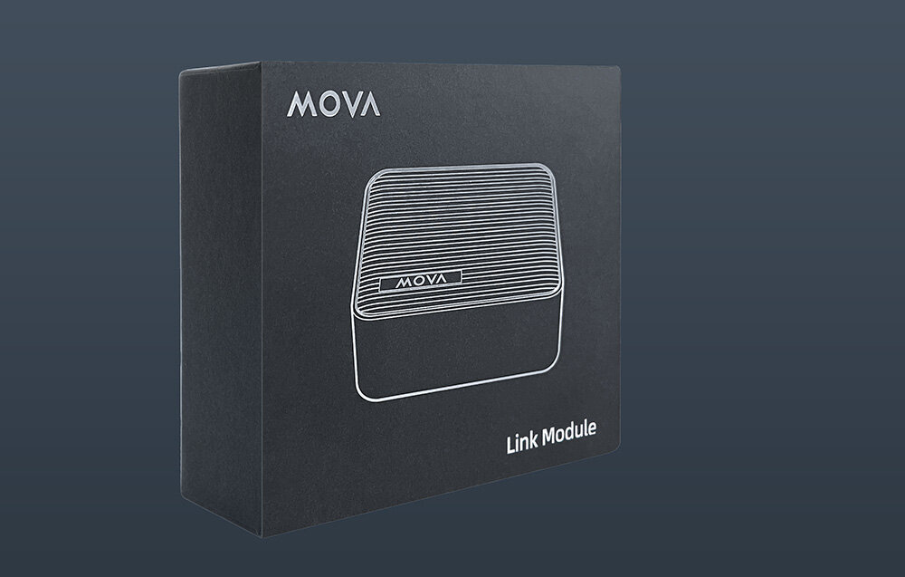 Moduł Łącza do robota koszącego MOVA MLMM21, pudełko, opakowanie, logo, grafika, Czarne, eleganckie pudełko MOVA z grafiką przedstawiającą moduł łączności, logo na boku.