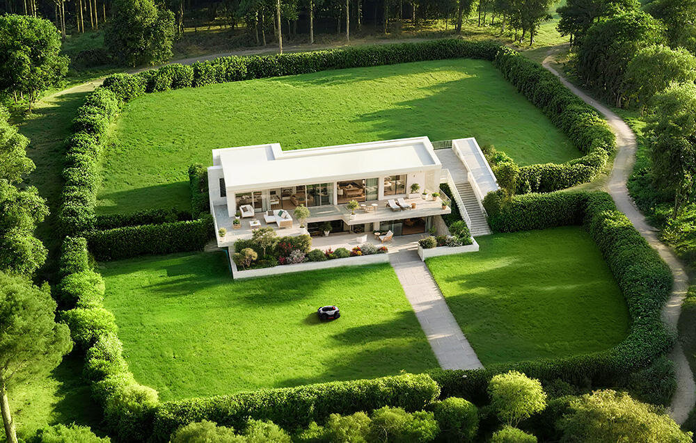 Robot koszący DREAME A3 AWD Pro 2500 ogród dom widok lekko z góry ogród kosi trawę szybkie wyznaczanie granic i tworzenie map – do 1000 m² już w 15 minut ręcznie funkcja samodzielnego mapowania AI możliwość zapisania dwóch niezależnych map z odrębnymi harmonogramami i ustawieniami