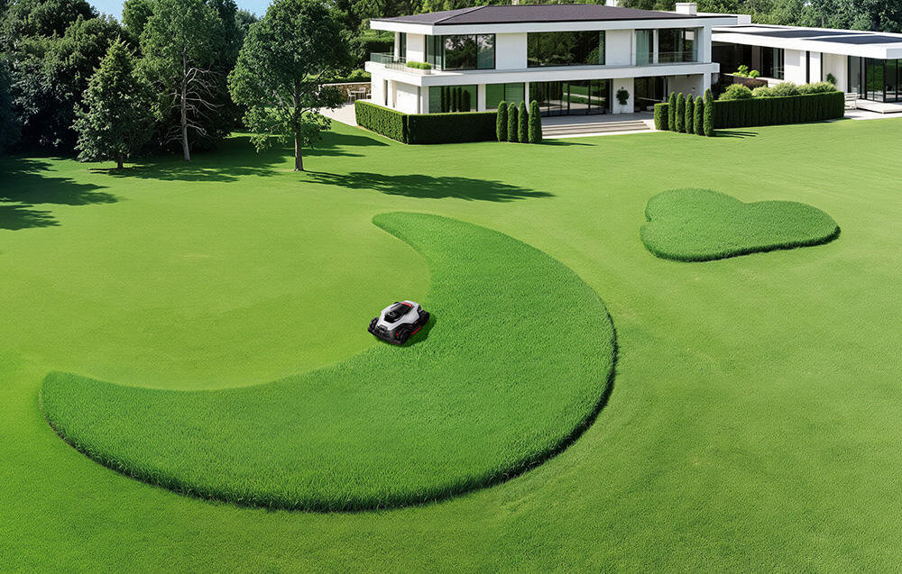 Robot koszący DREAME A3 AWD Pro 2500 trawnik robot kosi trawę widać kształt księżyca i chmury aplikacja Dreamehome gotowe wzory koszenia można stworzyć własne kompozycje estetyczny wygląd wyjątkowa ozdoba ogrodu