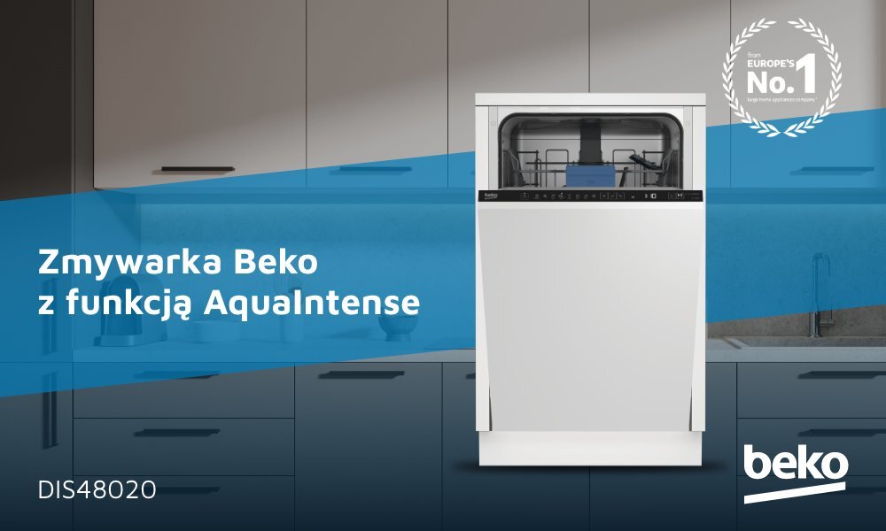 ZMYWARKA BEKO DIS48020 baner top kuchnia w tle model marka zmywarka front zamknięta panel wyświetlacz