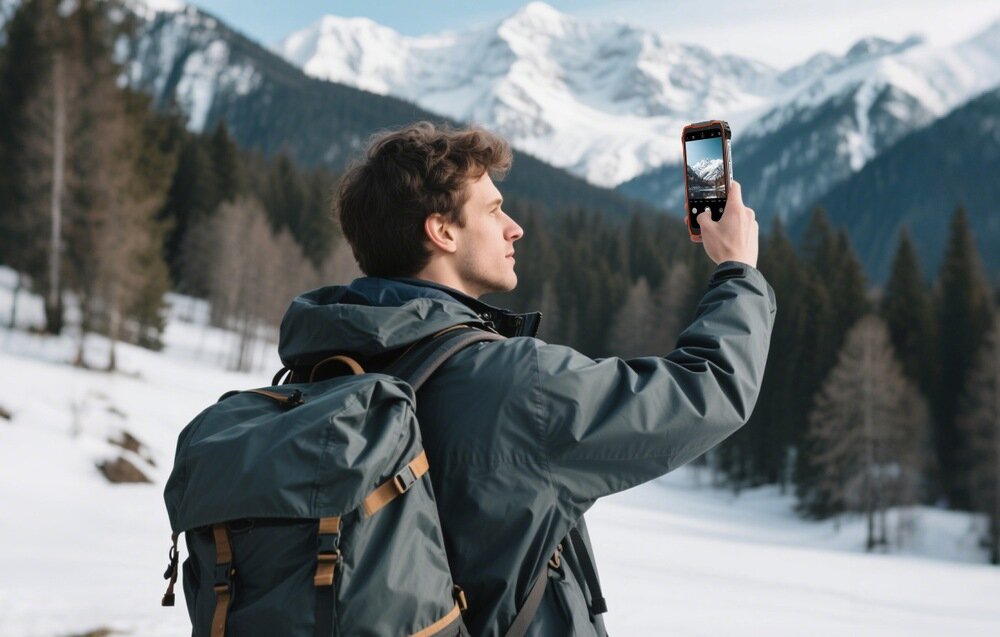 Smartfon OSCAL Pilot 1 człowiek robi zdjęcie w górach  