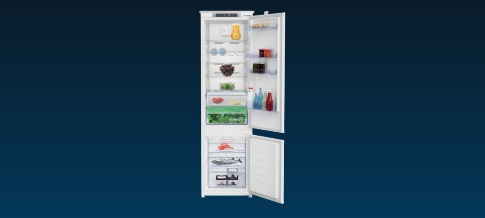 LODÓWKA BEKO BCNA306E4SN wizualizacja lodówka otwarta wnętrze półki szuflady produkty Funkcjonalność na co dzień