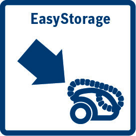 Ikona przedstawia niebieską strzałkę skierowaną w dół w stronę odkurzacza z napisem \'EasyStorage\'.
