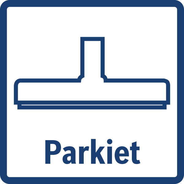 Ikona przedstawia niebieski symbol szczotki do parkietu z napisem \'Parkiet\' poniżej.