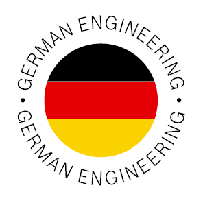 Okrągłe logo z napisem \'GERMAN ENGINEERING\' otaczającym flagę Niemiec w środku.