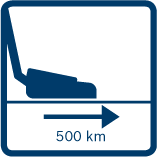 Ikona przedstawia niebieski symbol odkurzacza z poziomą linią i strzałką skierowaną w prawo, pod którą znajduje się napis \'500 km\'.