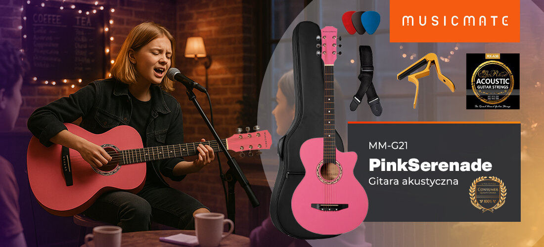 Gitara akustyczna MUSICMATE MM-G21 PinkSerenade chwytliwe brzmienie wygoda gry, osoba grająca na gitarze w kawiarence
