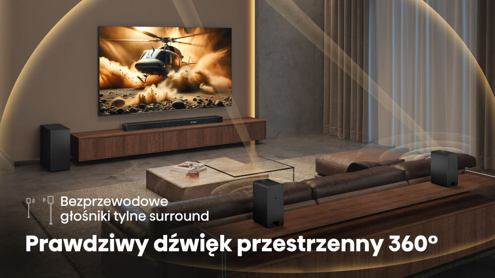 Soundbar HISENSE AX5140Q wireless rear surround dźwięk przestrzenny 360, soundbar stojący na komodzie pod telewizorem w salonie