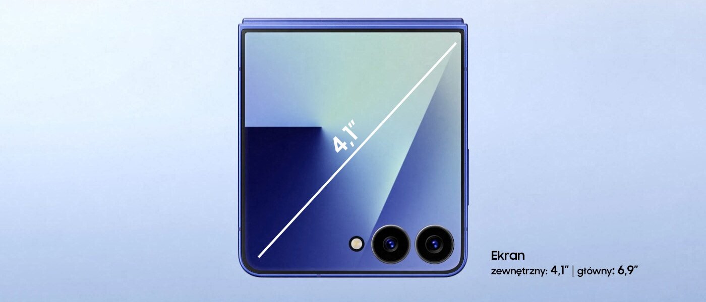 Wiązka światła tworzy zarys rozłożonego Galaxy Z Flip7. Urządzenie składa się, ukazując ekran zewnętrzny. W miarę obracania się urządzenia, jego całkowity rozmiar ekranu zwiększa się.