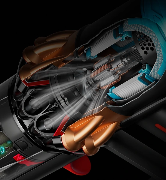 Widok przekroju silnika odkurzacza bezprzewodowego z zaznaczonym przepływem powietrza i elementami wewnętrznymi