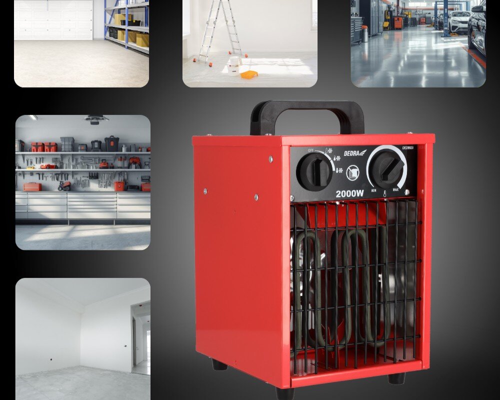 Nagrzewnica elektryczna DEDRA DED9920, 20, ogrzewanie, efektywne, nawiew, Dedra DED9920 na grafice z ikonami zastosowań – garaż, warsztat, piwnica, dom, hala.