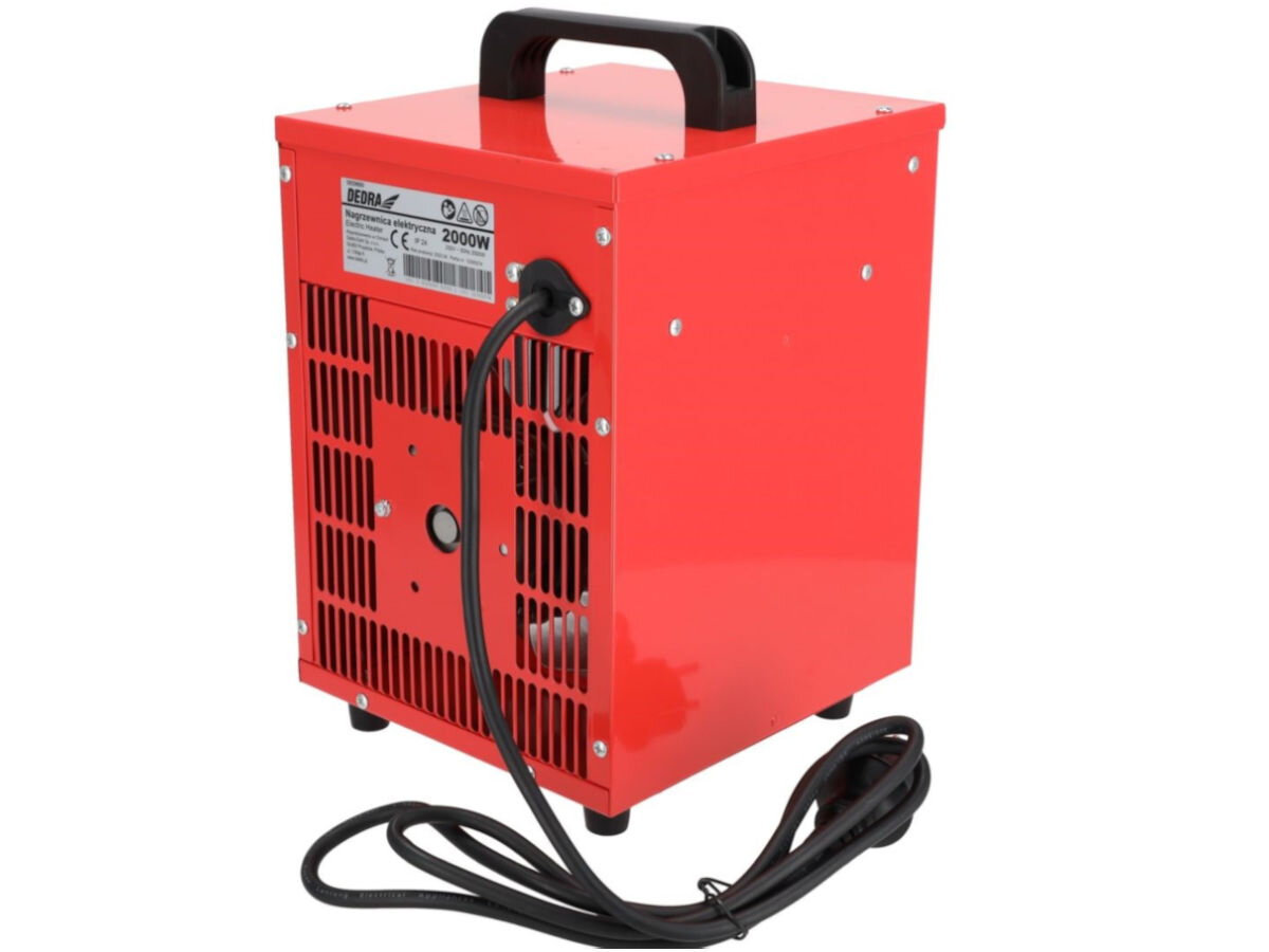 Nagrzewnica elektryczna DEDRA DED9920, lekkość, metal, uchwyt, stabilność, Panel sterowania nagrzewnicy DED9920, dwa pokrętła, ikony trybów i mocy, żółte tło.