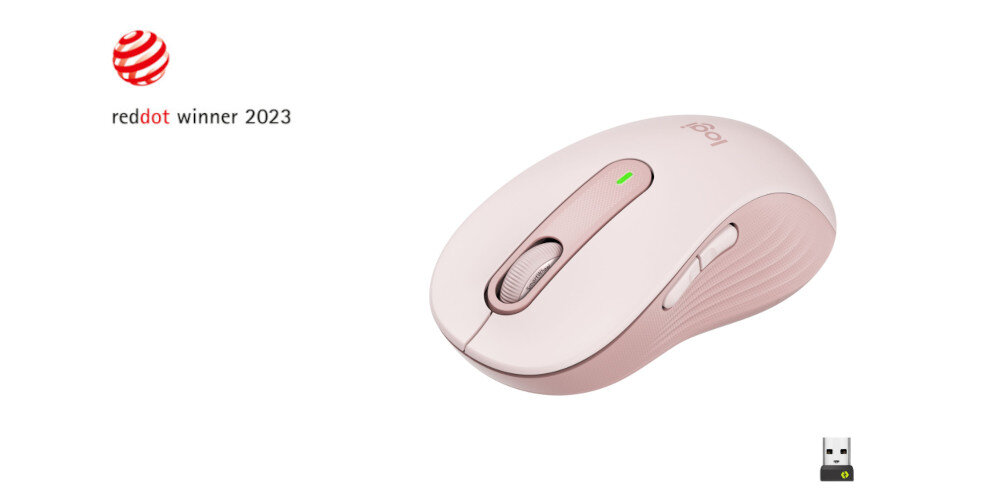 Różowa mysz komputerowa z logo \'logi\' na górze, obok której znajduje się mały odbiornik USB. Na obrazie widnieje tekst \'reddot winner 2023\'.