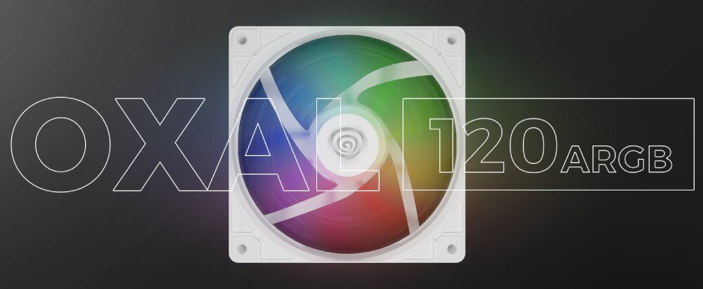 Wentylator GENESIS Oxal 120 ARGB Biały 3 szt. Wentylator z podświetleniem ARGB widziany od przodu na ciemnym tle. Wokół niego znajduje się napis „OXAL 120 ARGB” w białym konturze, opis