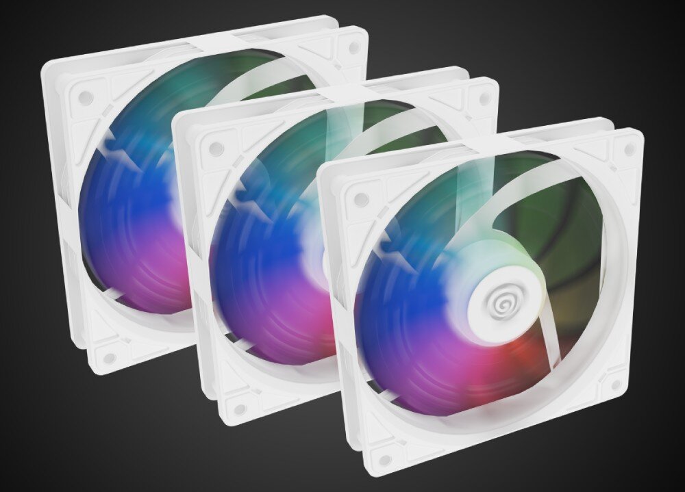 Wentylator GENESIS Oxal 120 ARGB Biały 3 szt. Wentylator z efektem świetlnym ARGB uchwycony z lekkiego kąta, z widocznym wirującym ruchem łopatek i jasnym światłem wewnątrz, łożysko, żywotność, podświetlenie, efekty